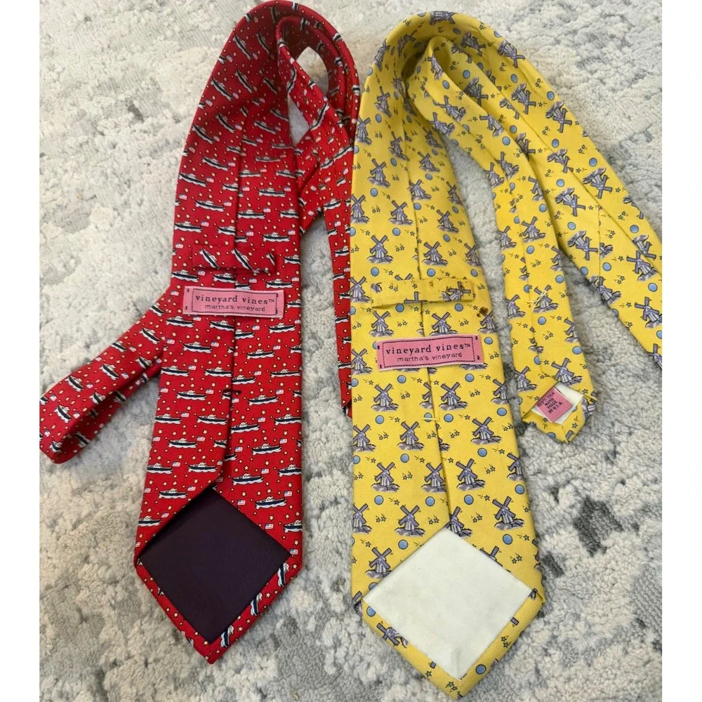 Pair of Vineyard Vines Mens Silk Ties Lot Red‎ Nautical Boat Yellow Windmill